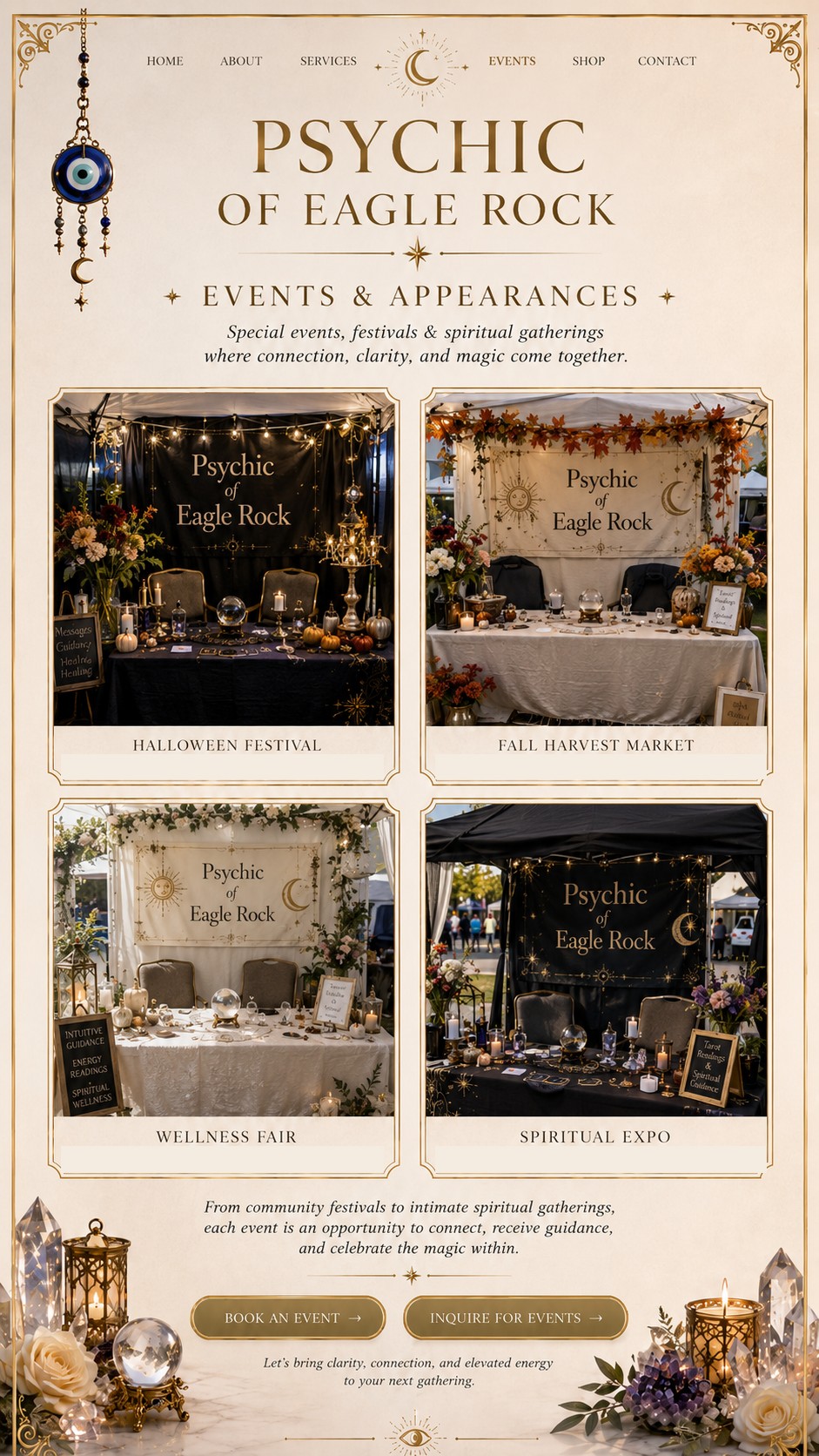 Psychic of Eagle Rock event booth setup with crystal ball, tarot cards, and candles at local festivals and markets