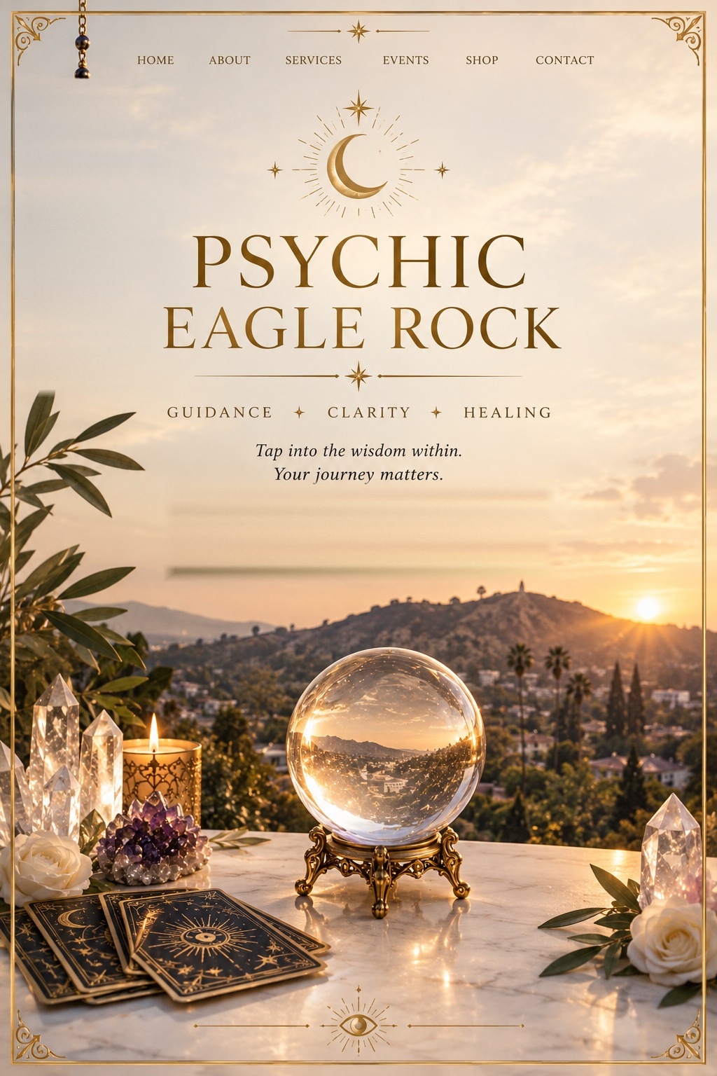 Psychic of Eagle Rock — crystal ball, tarot cards, and crystals on a marble table overlooking Eagle Rock at sunset